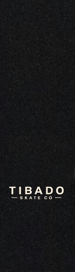 Sheet of black Tibado grip tape with the cream Tibado Skate Co logo on the lower third